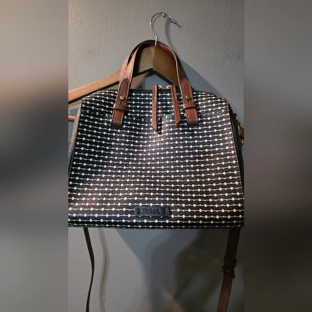 Fossil Rachel Satchel Handbag Crossbody Black/White Gold Accents OS